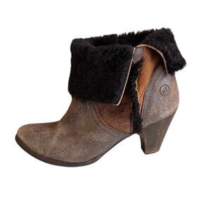 Bronx Leather Shearling Sheepskin Cuffed Heeled Ankle Boots Brown 40